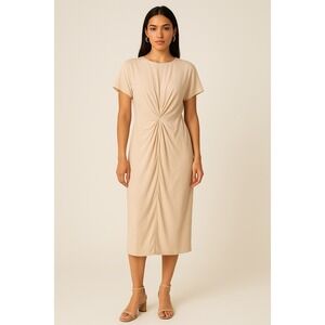 LK Bennett cream ivory silk twist front midi dress 12 US minimalist quiet luxury